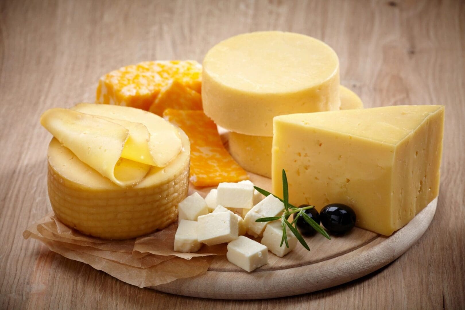 A wooden plate topped with cheese and olives.